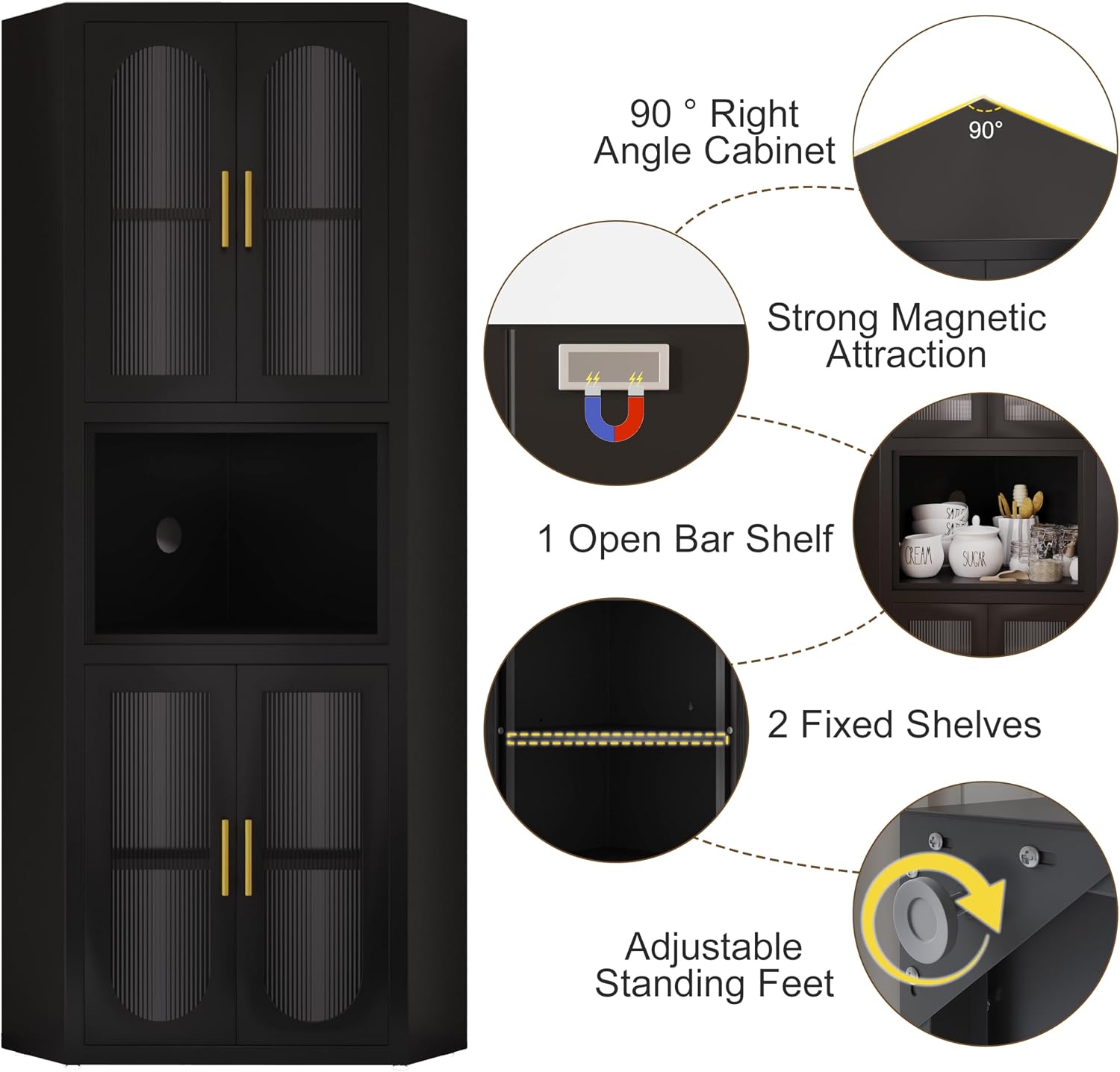 GAIOUS 63.6' Tall Corner Cabinet, Metal Pantry Storage Cabinet with 4 Acrylic Glass Doors & 1 Open Bar Shelf, Farmhouse Corner Cupboard for Kitchen Bathroom Living Room Bedroom Hallways (Black)