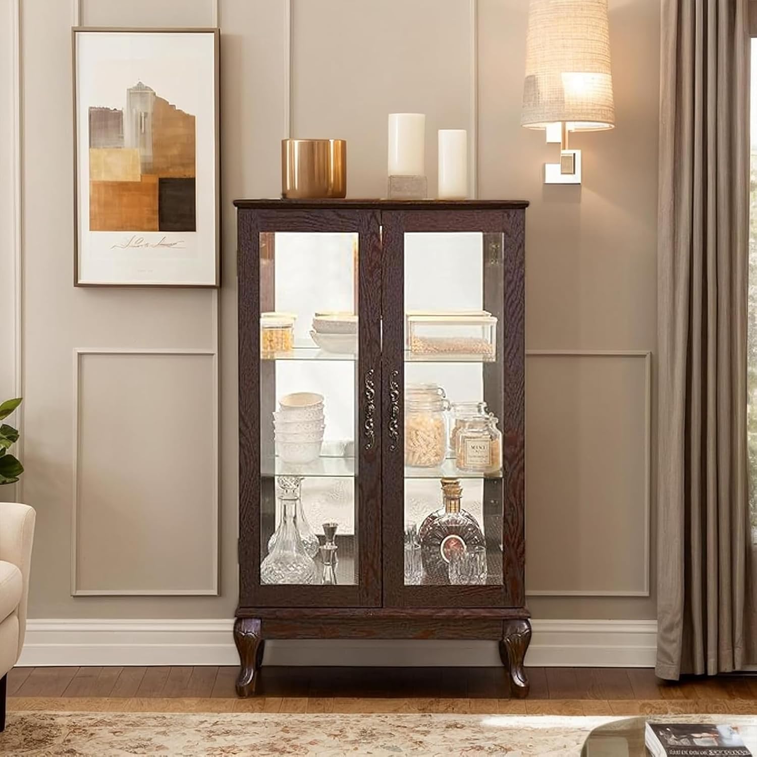 43'H Lighted Display Curio Cabinet, 3-Tier Glass Accent Storage Cabinet Curio Showcase w/ 2 Doors & Adjustable Shelves, Wine Artwork Storage Rack w/ Mirrored Back Panel for Living Room (Dark Cherry)