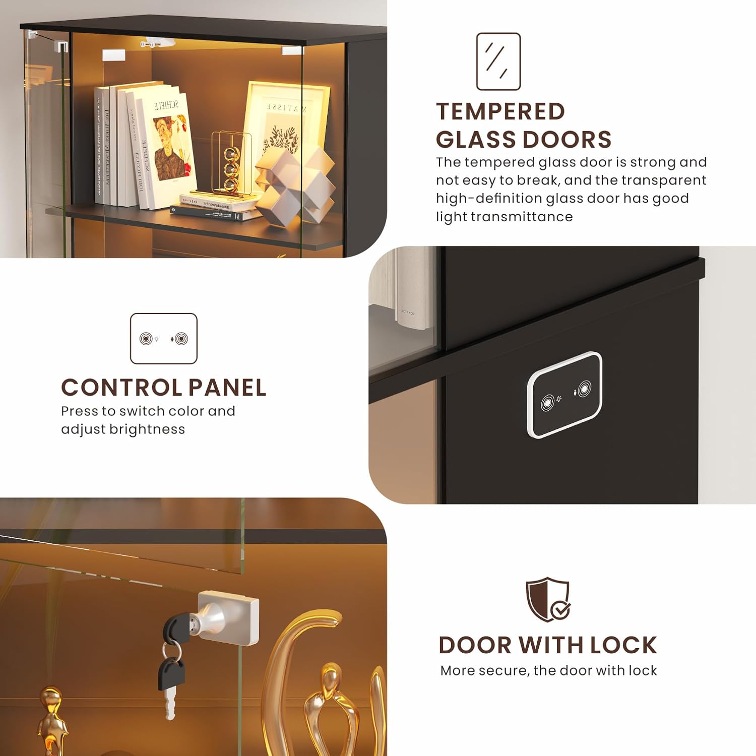 Display Cabinet with Glass Door,Lighted 4-Tier Curio Cabinet with3 Color Lights for Collectibles Bookcases,66' Lockable Display Case with Human Body Sensor,Black