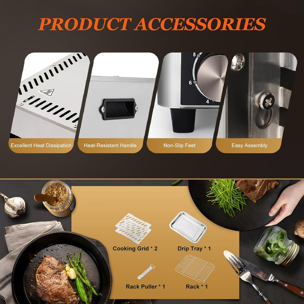 Countertop Broiler 1700W Electric Grill Indoor, Grill 400-1450°F Temperature Adjustable, Commercial Steak Broiler Food-grade Stainless Steel Toaster Oven,220V