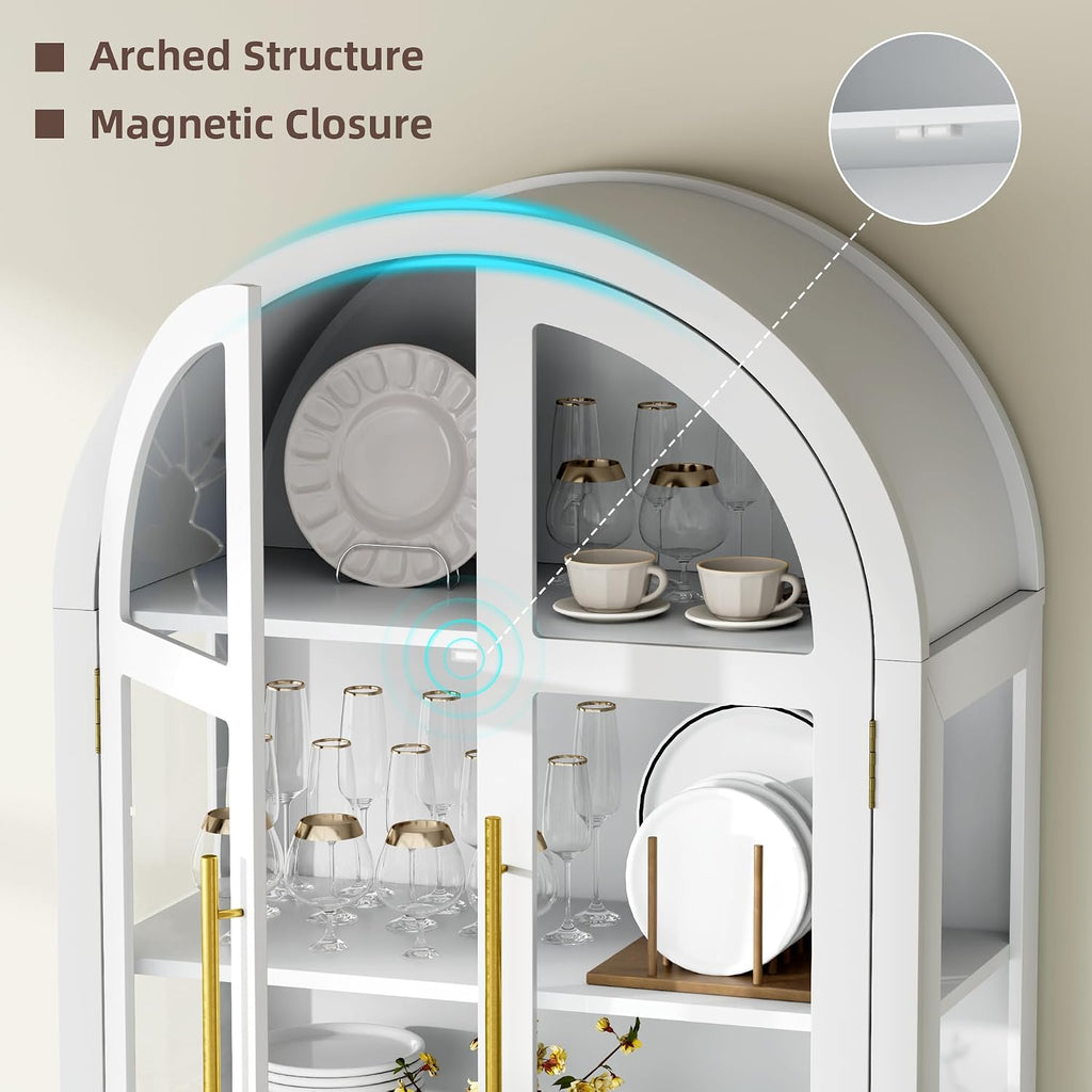 Vlsrka 71 Inch Arched Curio Cabinet, 4-Tier Display Cabinet and 2 Drawers, Tall Bookcase with 3 Color Lights, Display Case with Glass Doors, Kitchen Pantry, White