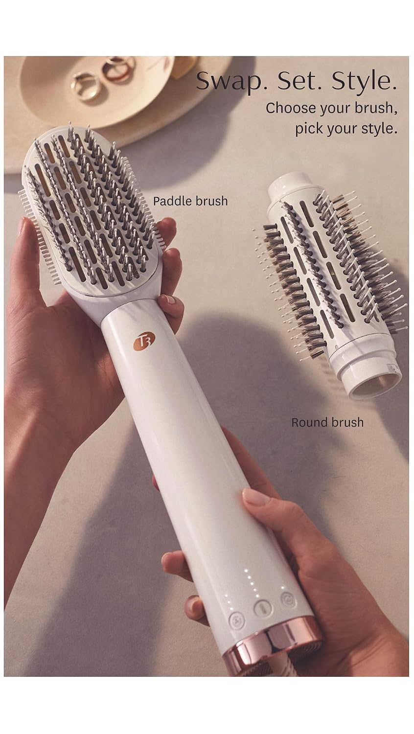 'T3 AireBrush Duo Interchangeable Hot Air Blow Dry Brush with Two Attachments � Includes 15 Heat and Speed Combinations, T3 IonFlow Technology, Volume Booster Switch, Lock-in Cool Shot'