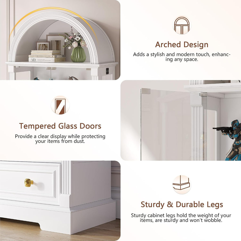 Arched Display Cabinet with Glass Doors, 72' Tall Curio Cabinet with Human Sensor Lights, 4-Tier Display Case for Collectibles Bookcase Living Room