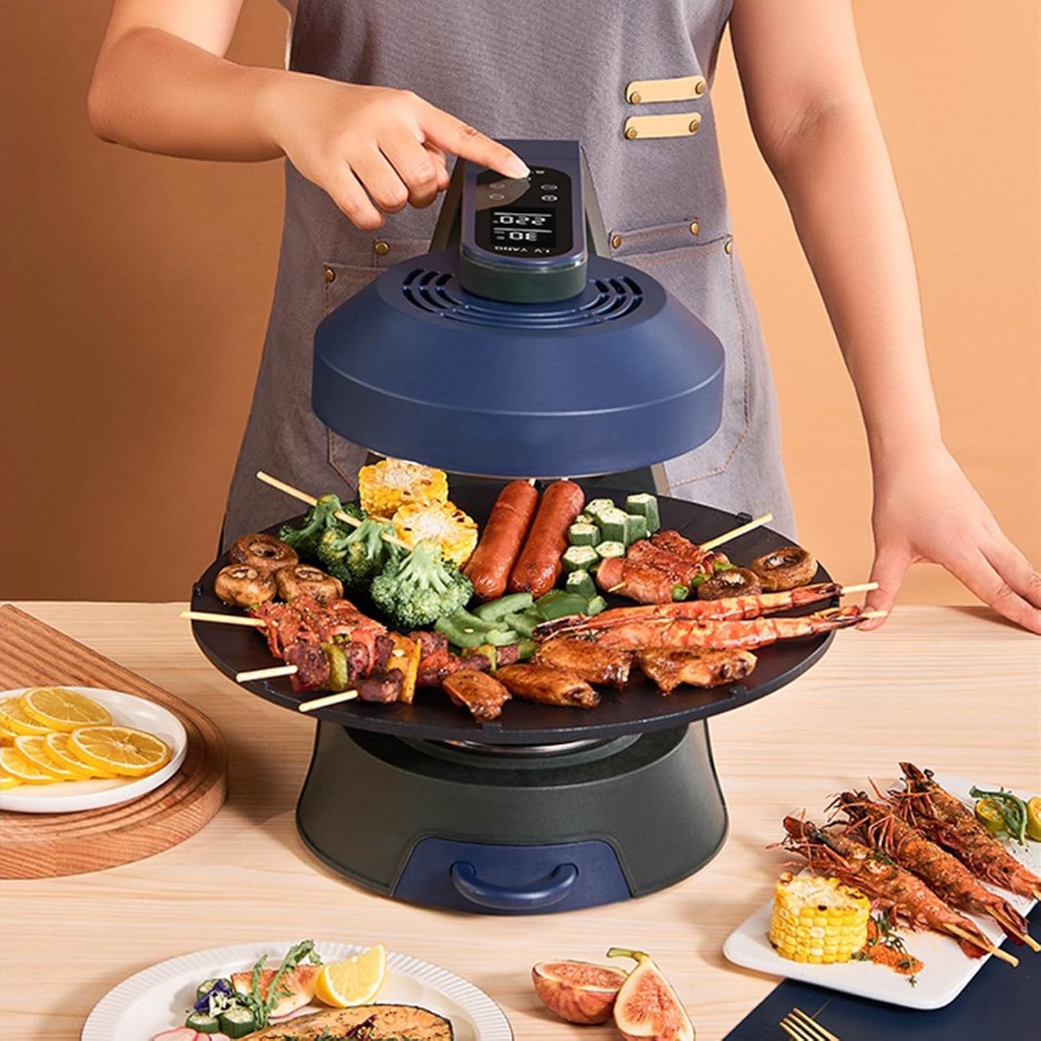 Indoor Grill with 360° Rotation, Smokeless Electric Grill & Griddle, Smart LED Display & Timer, Non-Contact Heating, Removable Non-Stick Plates