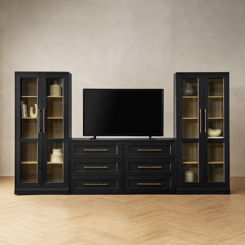 Mopio Blake 4 Piece Entertainment Center with Storage, Modern Farmhouse Wall Unit Dresser TV Stand with Tall Display Cabinets for up to 65' TVs, Trophy Display Case, Media Console Cabinet, Living Room