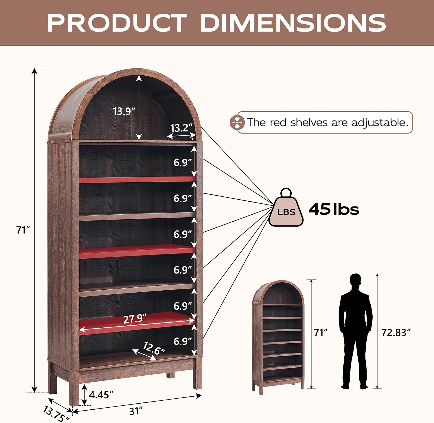 IFGET 71' Tall Arched Bookshelf, 7 Tiers Arch Bookcase with Storage, Modern Farmhouse Book Shelf with Adjustable Shelves, Wood Bookshelf w/Open Display Shelves for Living Room, Office (Brown)