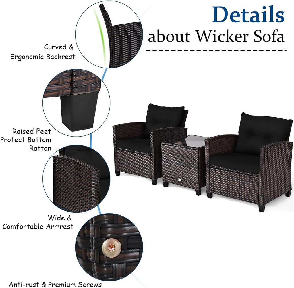 Tangkula 3 Pieces Patio Furniture Set, PE Rattan Wicker 3 Pcs Outdoor Sofa Set w/Washable Cushion and Tempered Glass Tabletop, Conversation Furniture for Garden Poolside Balcony (Black)