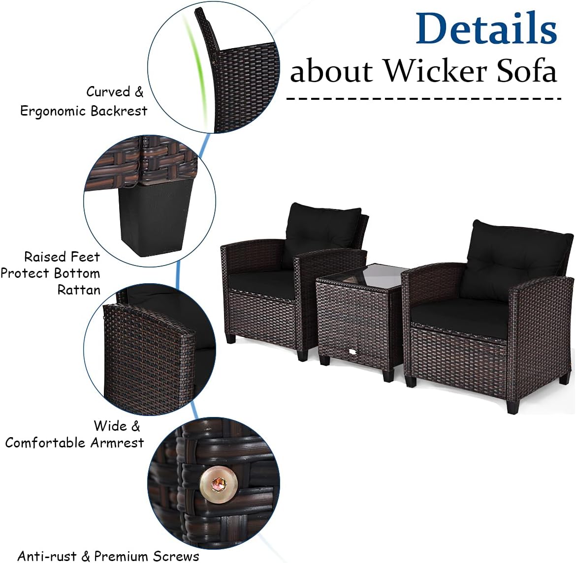 Tangkula 3 Pieces Patio Furniture Set, PE Rattan Wicker 3 Pcs Outdoor Sofa Set w/Washable Cushion and Tempered Glass Tabletop, Conversation Furniture for Garden Poolside Balcony (Black)