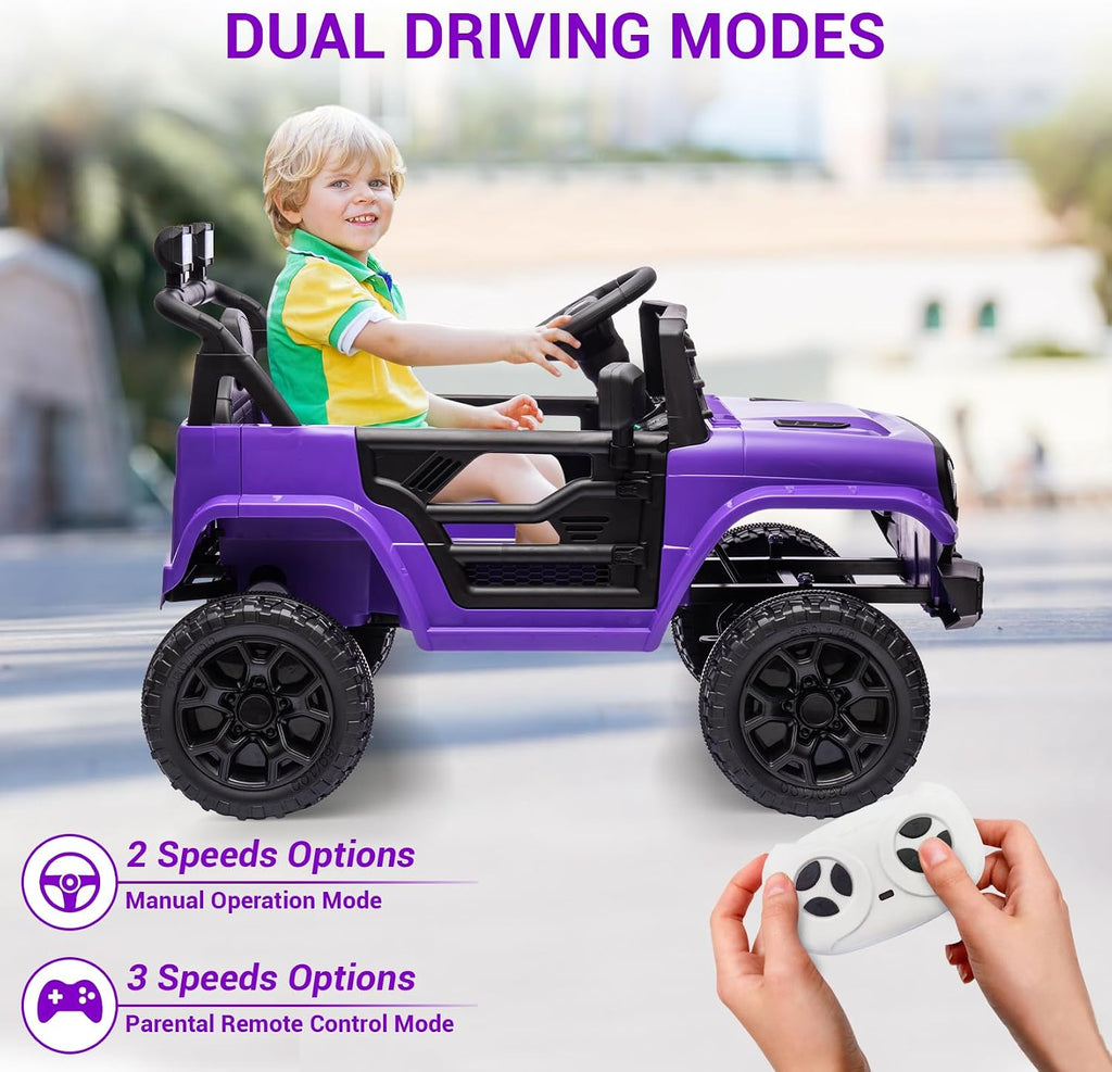 12V Ride On Car for Kids Electric Vehicle Toddlers Battery Powered Truck Car Toy with Remote Control, 4-Wheel Suspension, Battery Display, LED Lights, Music, for Boys Girls, Purple