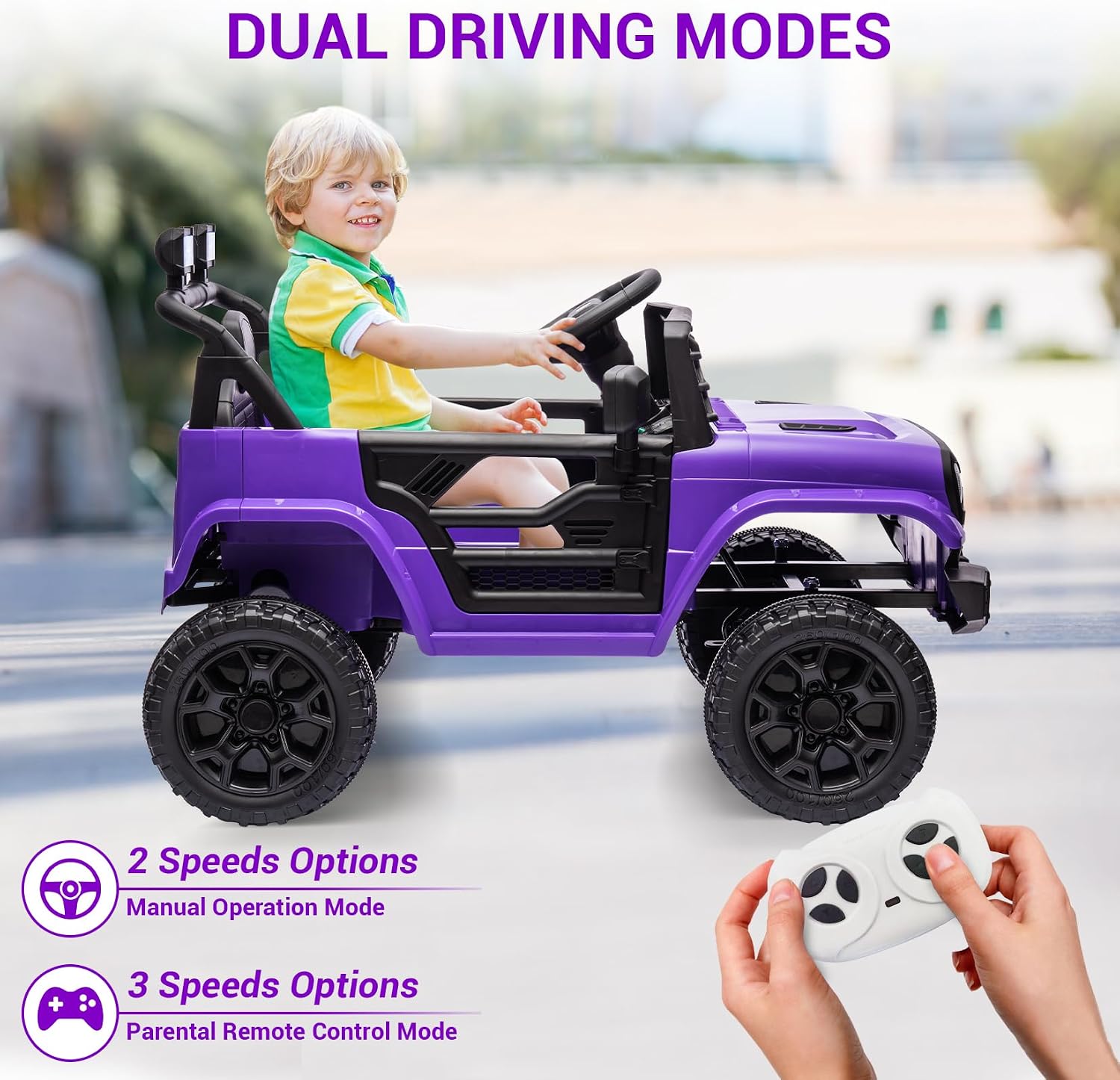 12V Ride On Car for Kids Electric Vehicle Toddlers Battery Powered Truck Car Toy with Remote Control, 4-Wheel Suspension, Battery Display, LED Lights, Music, for Boys Girls, Purple