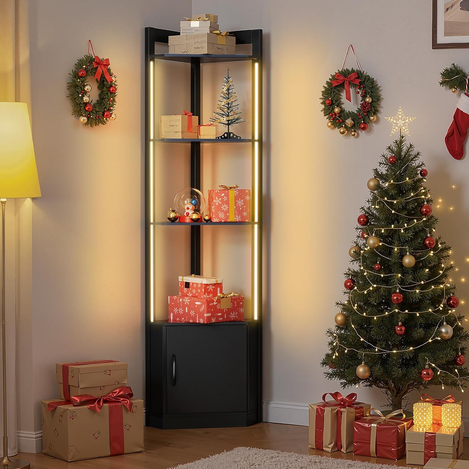 5-Tier Display Cabinet, Set of 2, 65' Tall Corner Shelf Stand with Storage, RGBWIC LED Light, Remote & APP Control, Adjustable Brightness/Color Temp, Floor Lamp Shelves for Living Room