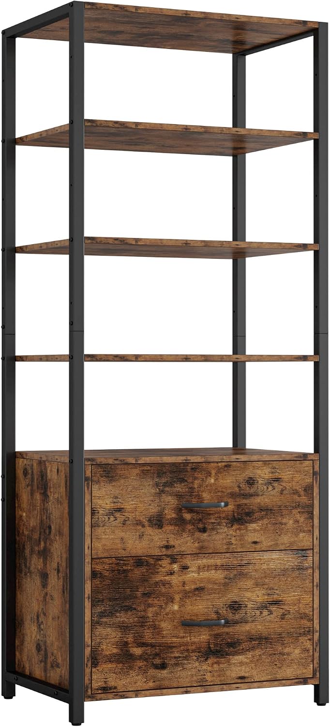 IRONCK Industrial Bookcase with File Cabinet Drawers, 71.6 in Tall Bookshelf 5 Tier, Freestanding Storage Home Office Cabinet Organizer, Rustic Home Decor, Vintage Brown