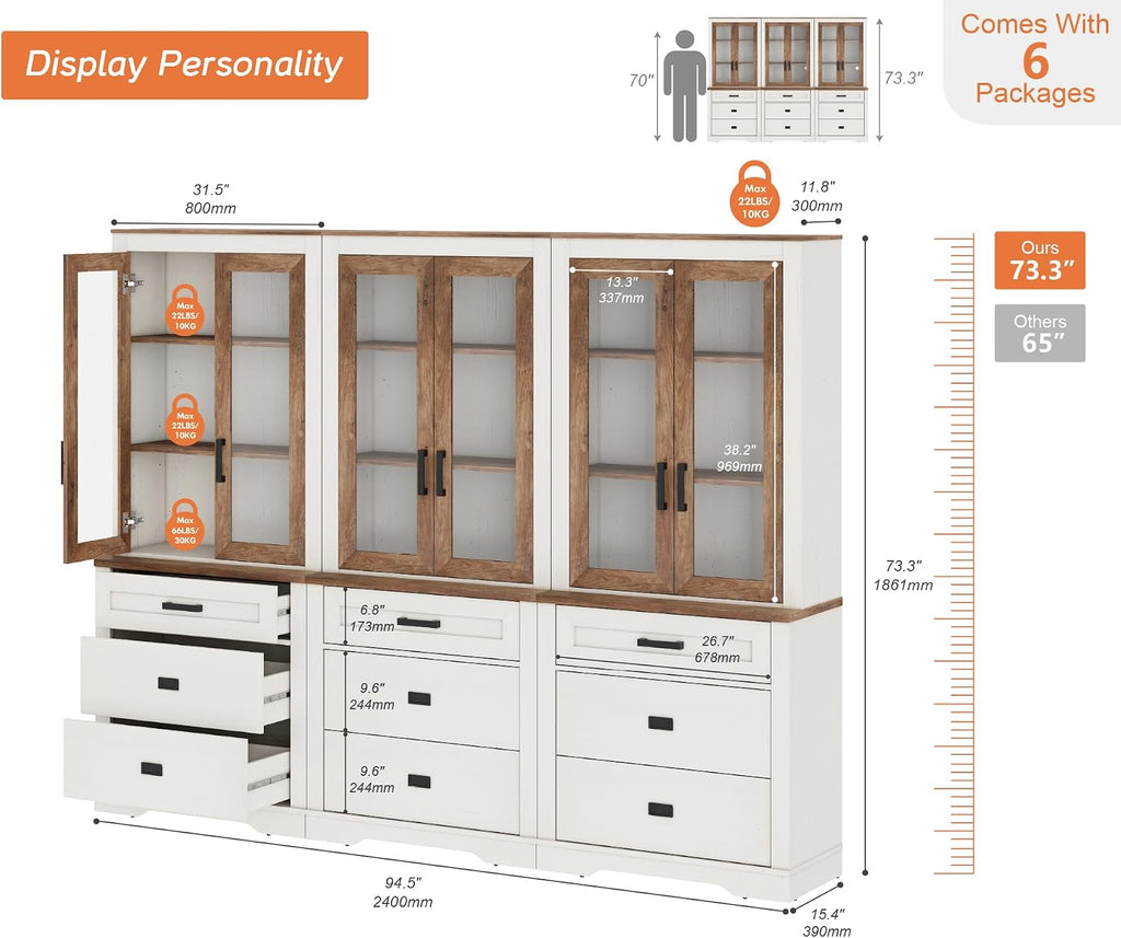 WAMPAT 3 Column 73.3' Tall Bookcase with Glass Door, 94.5' Wide Rustic Wood Bookshelves with Chest of Drawers, Modern Farmhouse Display Cabinet with Adjustable Shelves for Home,Office,White&Oak