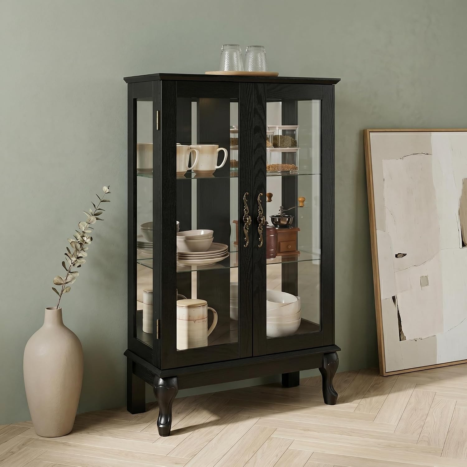 Casaphoria Lighted Curio Display Cabinet with Glass Doors, Display Cabinets for Collectibles with Mirrored Back and Adjustable Tempered Glass Shelves for Living Room, Entryway (Black