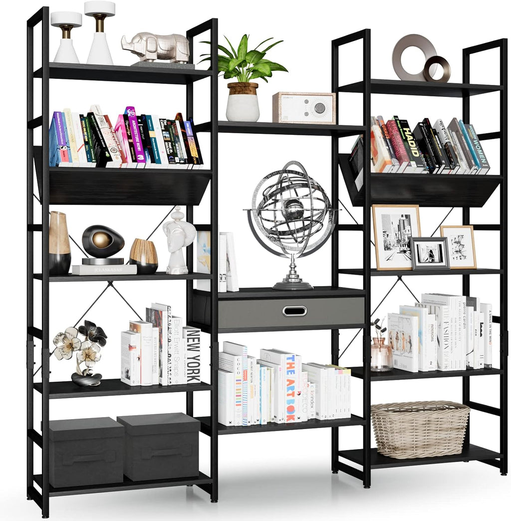 NUMENN Triple Wide 5 Tier Bookshelf, Adjustable Rustic Industrial Style Book Shelves, Modern Bookcases and Bookshelves Furniture for Bedroom, Living Room and Home Office, Elegant Black