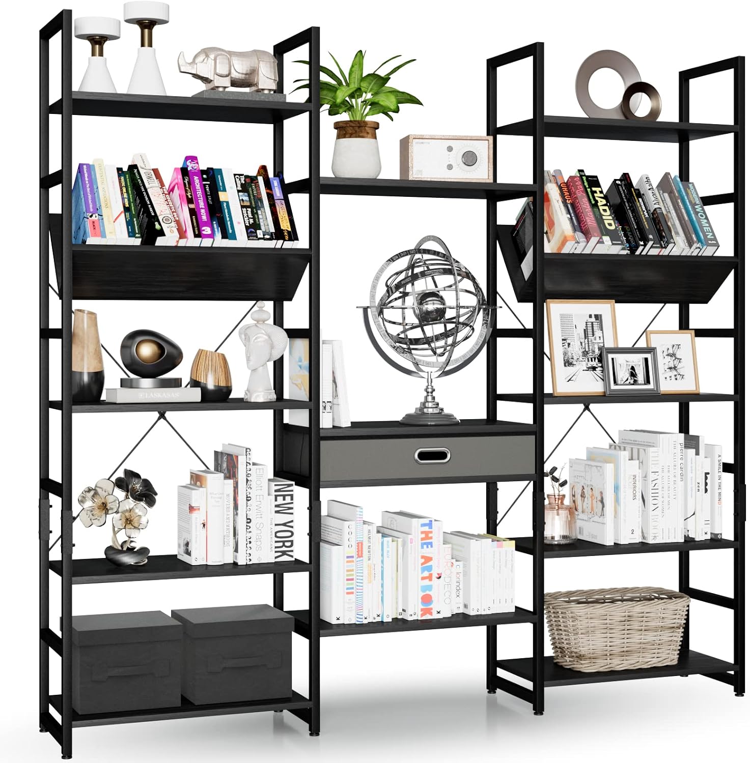 NUMENN Triple Wide 5 Tier Bookshelf, Adjustable Rustic Industrial Style Book Shelves, Modern Bookcases and Bookshelves Furniture for Bedroom, Living Room and Home Office, Elegant Black