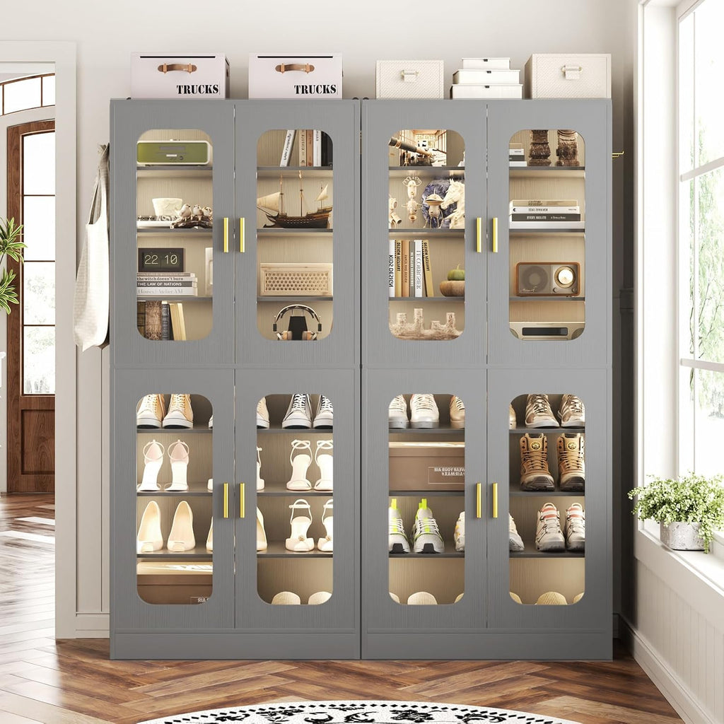 Cyclysio 67' Display Cabinet with PC Doors & LED Lighting - 8-Tier Storage Cabinet with 330lb Capacity & Adjustable Shelves for Entryway, Bedroom (Grey, Set of 1)