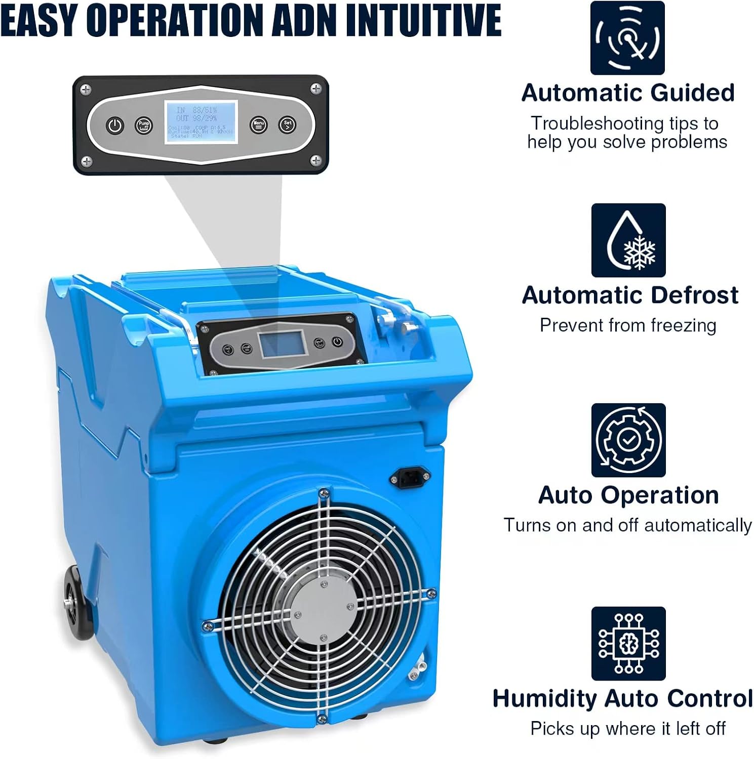 Mounto 150pints Commercial LGR Dehumidifier w/Handle and Wheels - Panasonic Compressor, ETL Certified, Compact & Stackable, Built-in Pump, LED Display