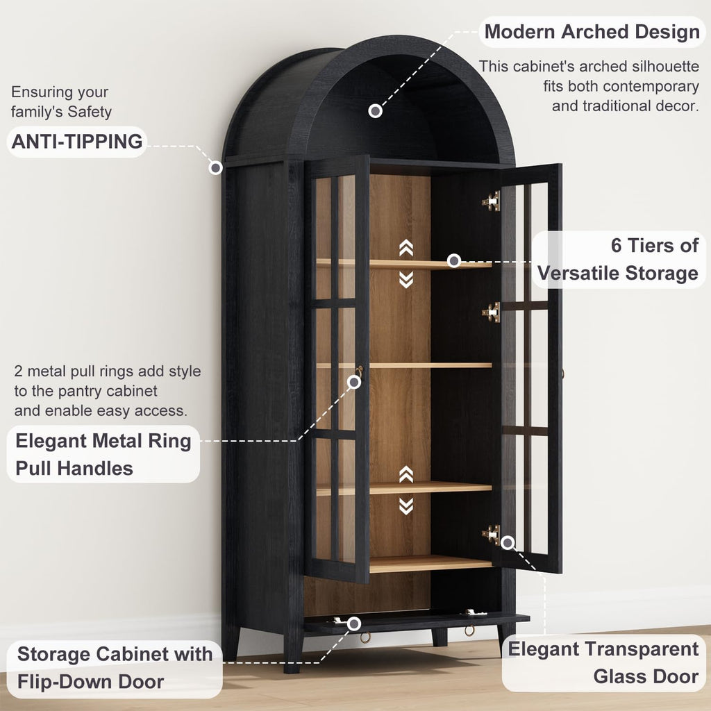 70' Tall Arched Cabinet, Modern Farmhouse Wooden Display Cabinet with Glass Doors, 6 Tier Bookshelf with Adjustable Shelves for Living Room, Office, Black