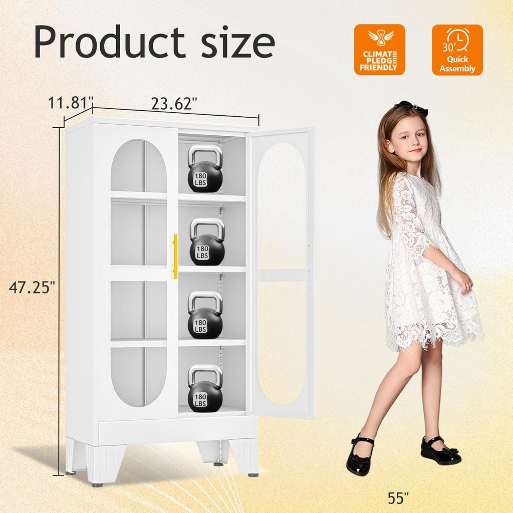GAIOUS 47' Tall Metal Curio Cabinet, Display Storage Cabinet with Glass Door, 4 Tier Liquor Cabinet with 3 Adjustable Shelves, Locking Glass Display Case for Collectibles, Showcase Cabinets, White