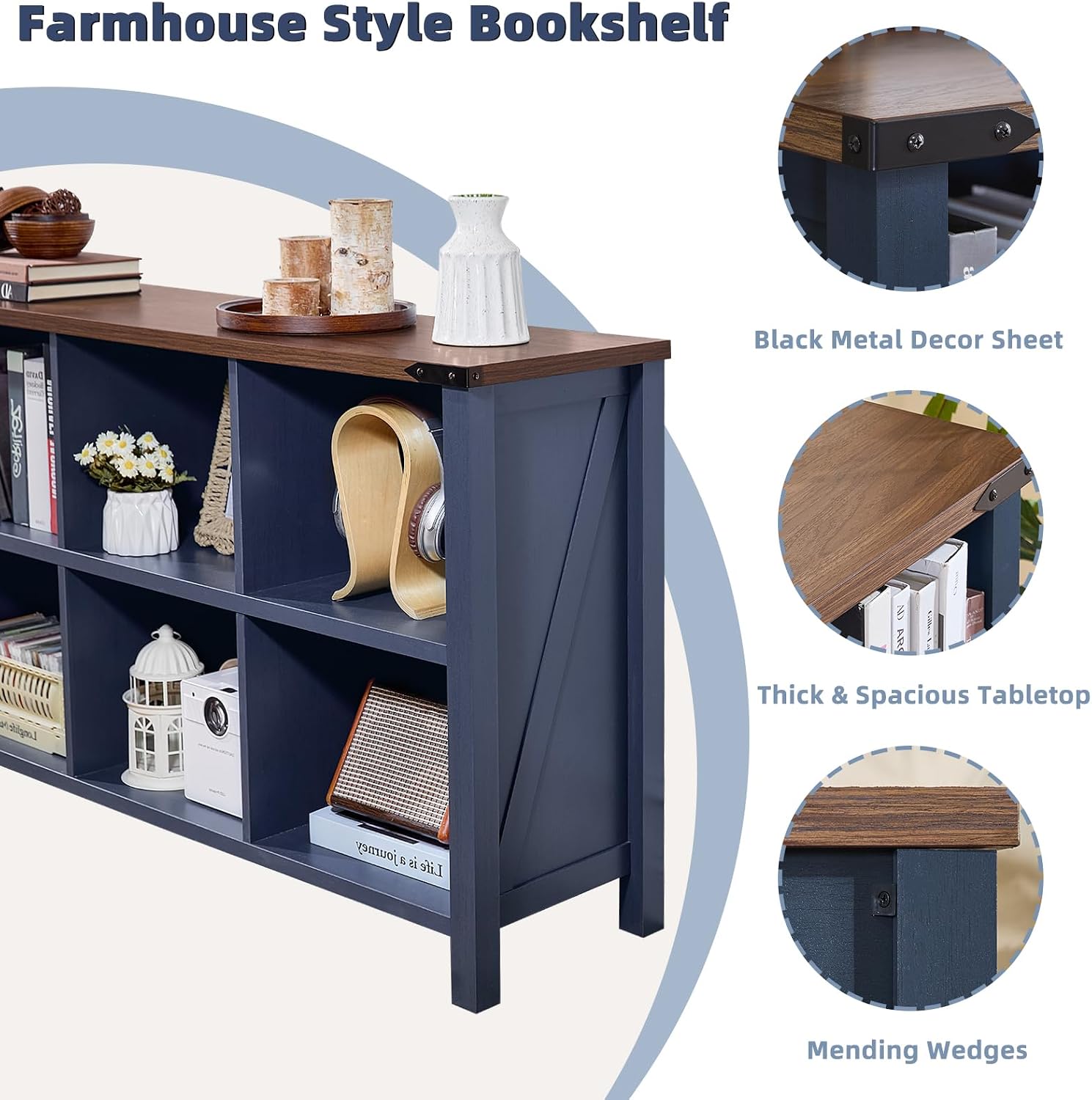Joaxswe 8 Cube Book Shelf, Farmhouse Wood Long Storage Organizer Bookcase, 62' Horizontal Navy Blue Console Closet Bookshelf, Hallway TV Stand for Entryway, Display Cabinet Book Case for Living Room