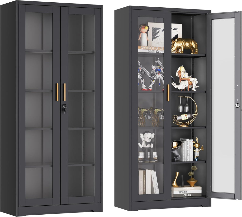 UNICOLY Lockable Display Cabinet with Glass Doors, Curio Cabinets with 4 Adjustable Shelves, Liquor Bookcase Bookshelf with Doors, Metal Storage Cabinet for Living Room Pantry, Black