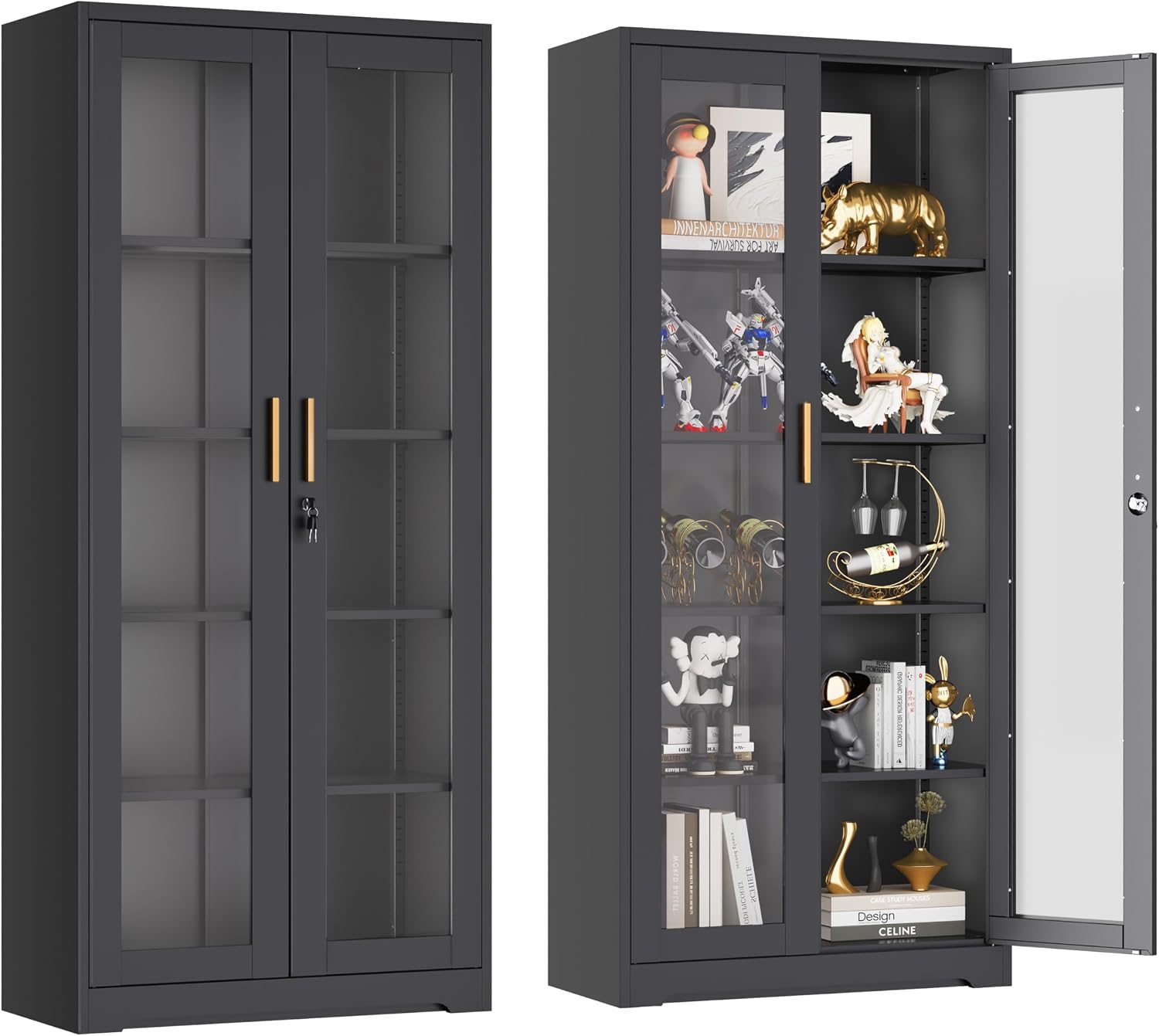UNICOLY Lockable Display Cabinet with Glass Doors, Curio Cabinets with 4 Adjustable Shelves, Liquor Bookcase Bookshelf with Doors, Metal Storage Cabinet for Living Room Pantry, Black