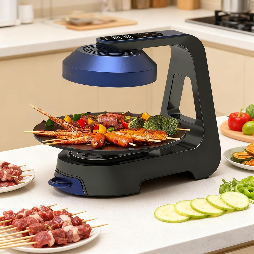 Electric Smokeless Indoor Grill with LCD Touchscreen, 360° Rotation & Non-Contact Heating for Korean BBQ, Non-Stick Removable Grill/Griddle Plates
