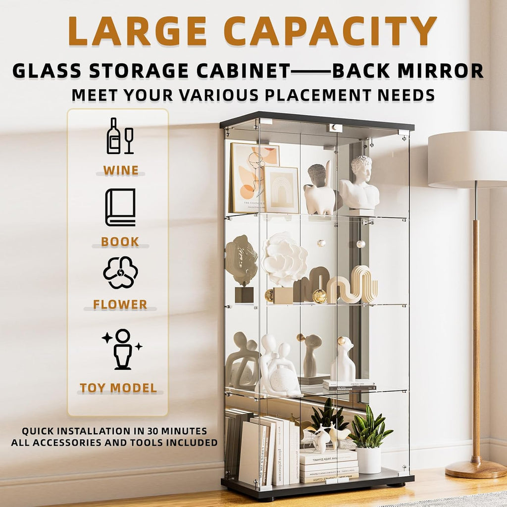 Glass Display Cabinet 4-Shelf with Door, Lock and Mirror,4mm Tempered Glass Floor-to-Ceiling Glass Bookcase for Bedroom, Living Room, Black