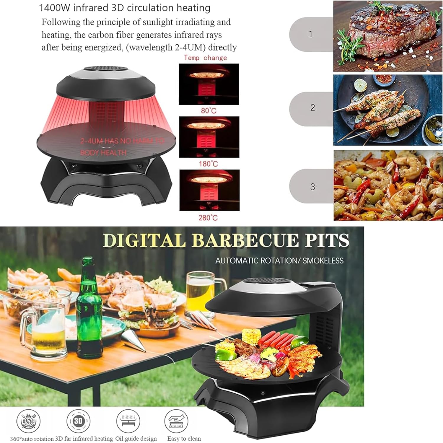 Electric Grill, Electric Smokeless Indoor Grill Machine, 1~80 Minutes/80-280°C Adjustable/360° Automatic Rotation and Non-Stick, for Restaurants, Stalls