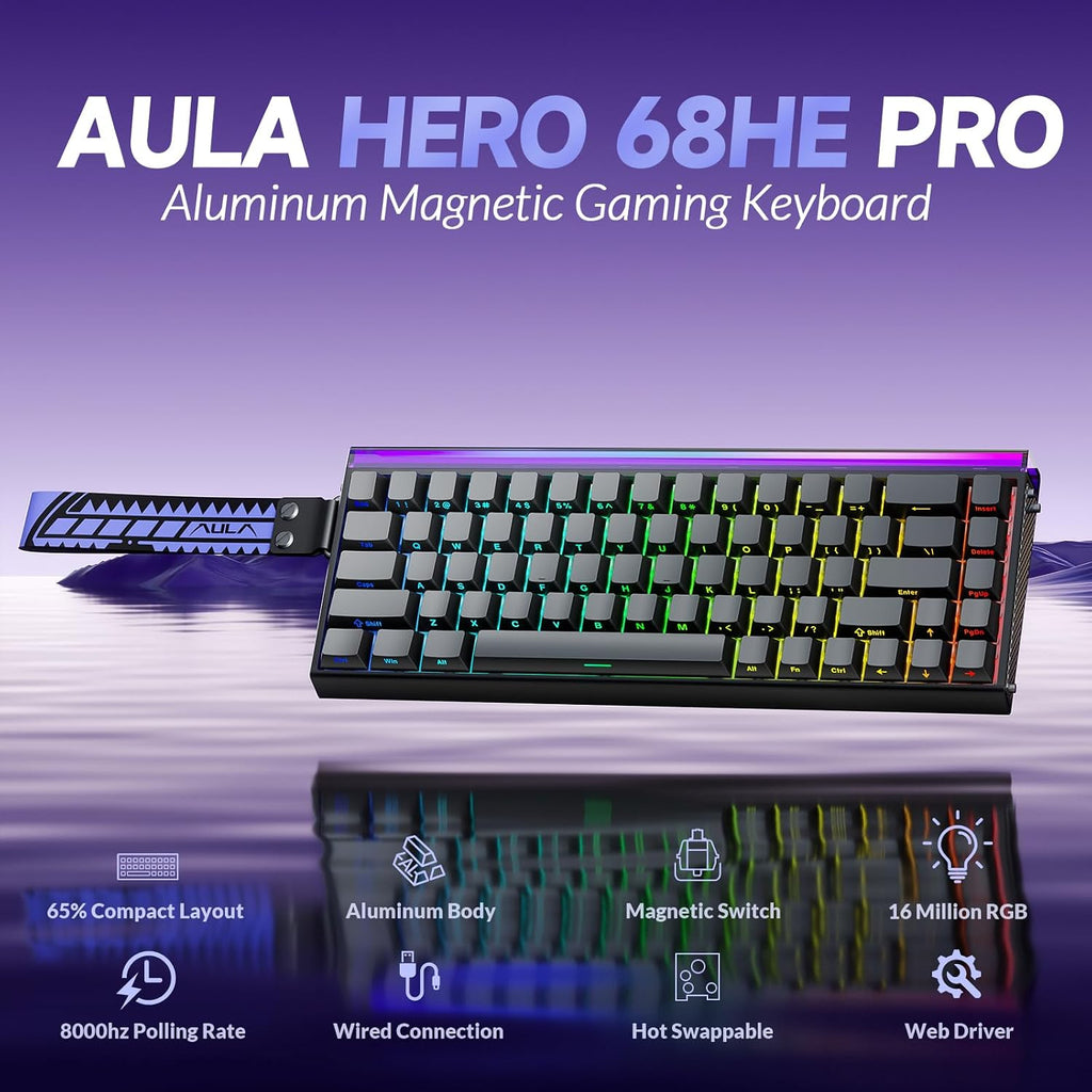 AULA Hero 68 HE Pro - Wired Gaming Keyboard with Hall Effect Magnetic Switch, CNC Aluminum Frame, 8KHz Polling Rate, RGB Box & Backlight, Side Printed Keycaps, 65% 68-key Compact Small Gamer Keyboards