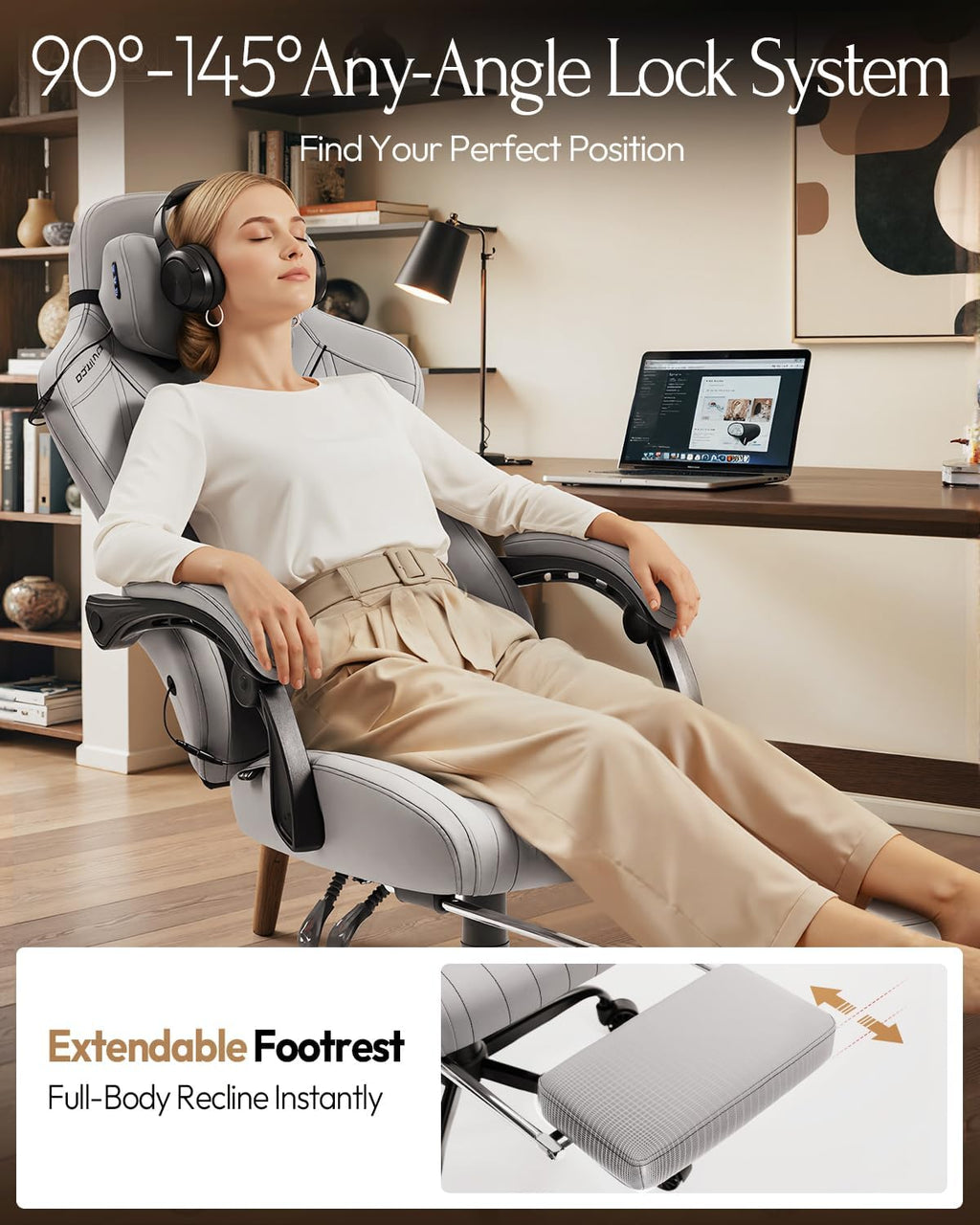 Dowinx Gaming Video Gaming Chair with Shiatsu Neck Massage and Lumbar Support for Home Office High Back Recliner Height Adjustable Ergonomic Comfy Leather Computer Desk Chair (Grey)