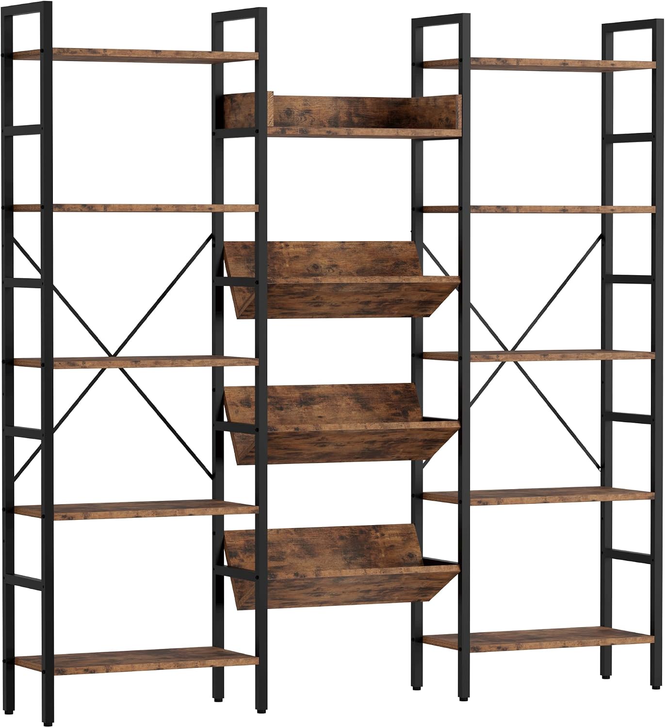 IRONCK Bookshelf, Bookshelves and Bookcases, Triple Wide 5 Tiers Book Shelf with Baffles, Industrial Bookshelf with Metal Frame for Living Room, Home Office