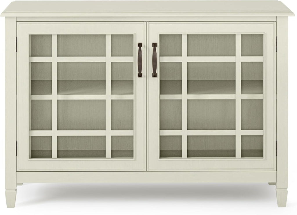 SIMPLIHOME Connaught Storage Cabinet - 46 inch Wide Solid Wood Low Storage Cabinet in Antique White, Traditional Console for Living Room, Entryway, or Dining Room with Glass Doors and Shelves
