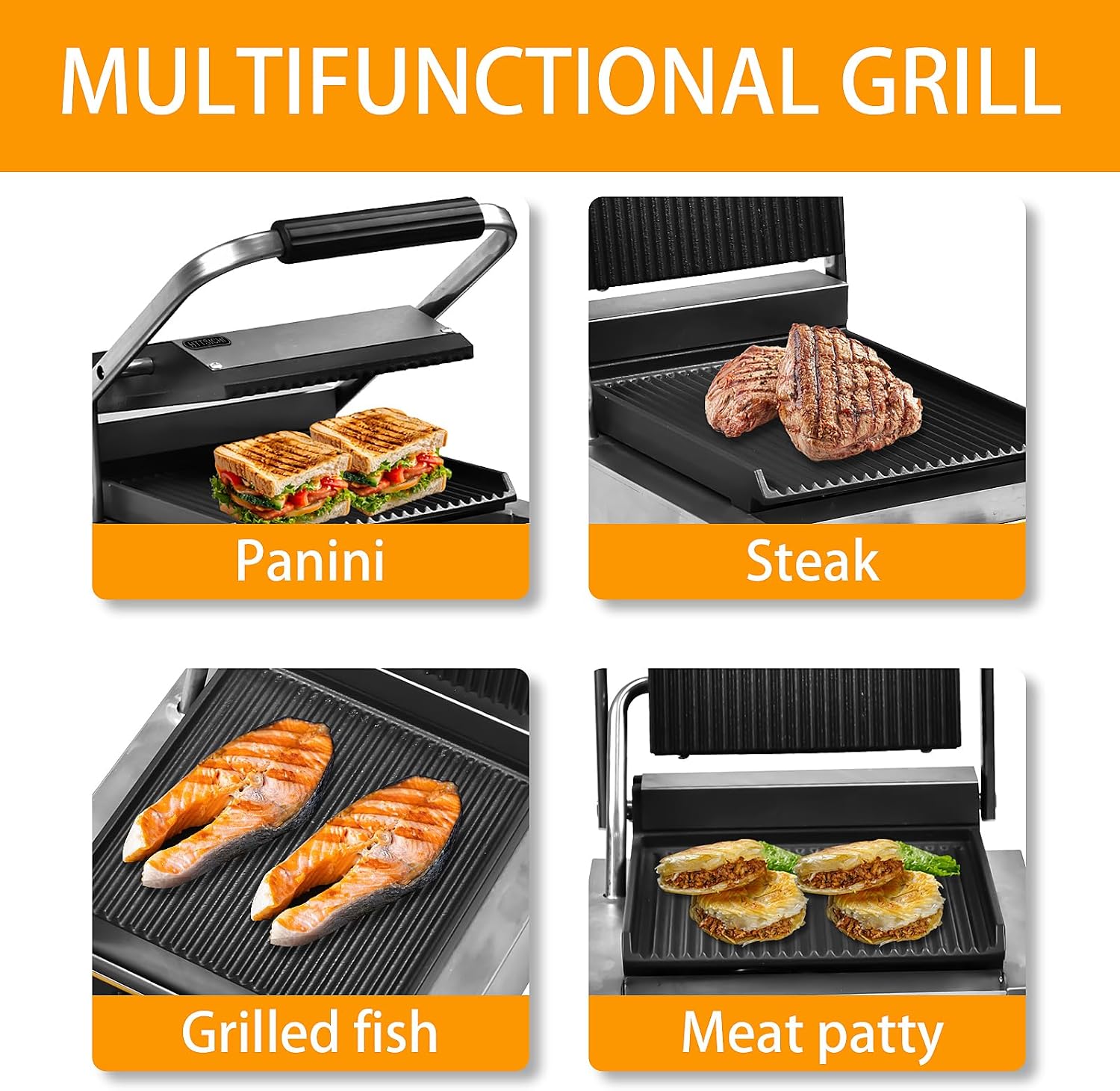 Commercial Panini Press - 1800W Commercial Electric Panini Sandwich Grill w/Nonstick Coating & Adjustable Temp, Panini Grill Press w/ 9' x 9' Cooking Pan, Double-sided Heating
