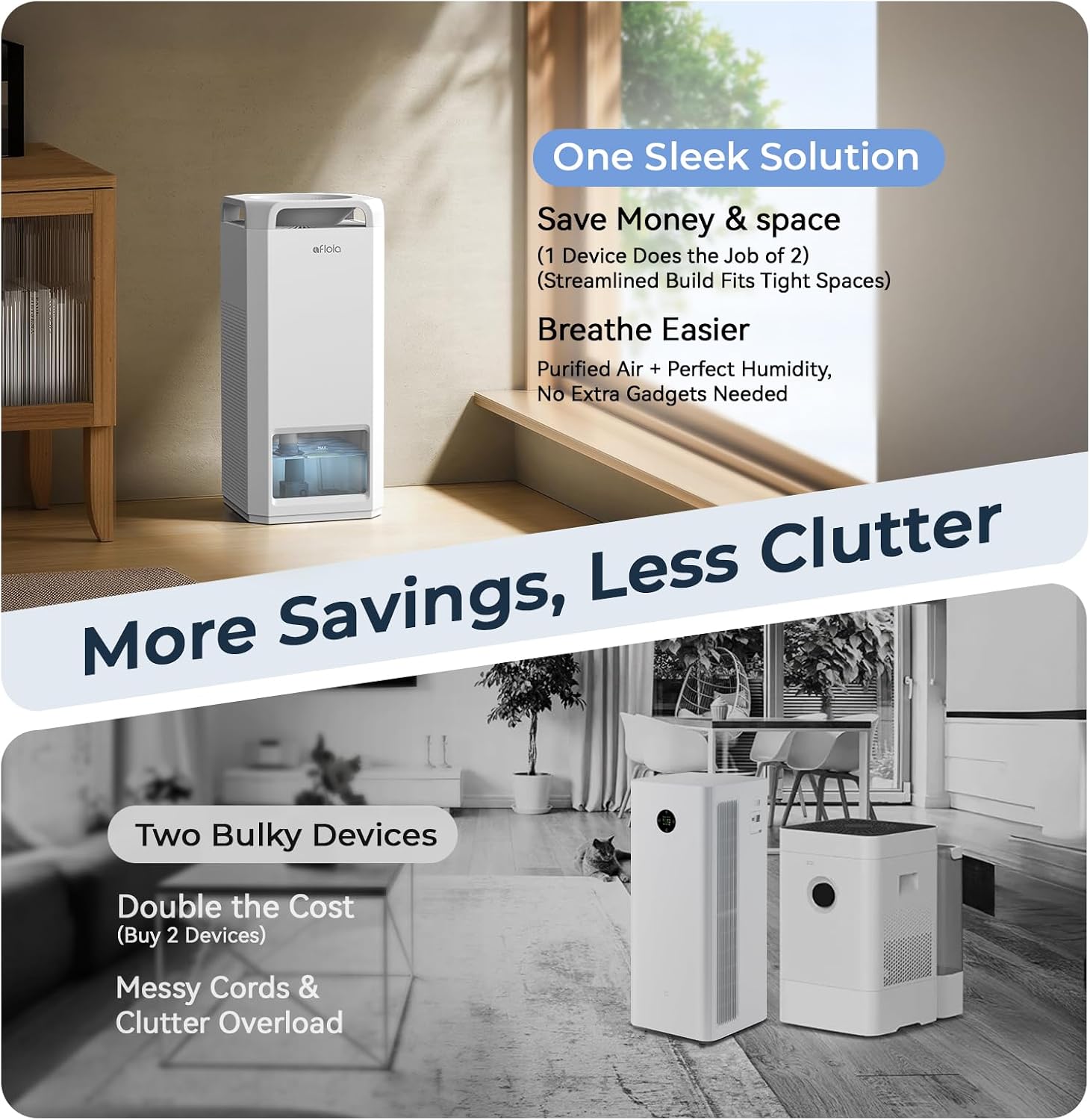 Afloia Air Purifier and Humidifier Combo in One-Cool Mist Evaporative for Home Bedroom Large Roome up tp 3000ft², with Humidity&Air Quality Sensor, Remove Pets Hair Mold Dust Odor Pollen Smoke, White