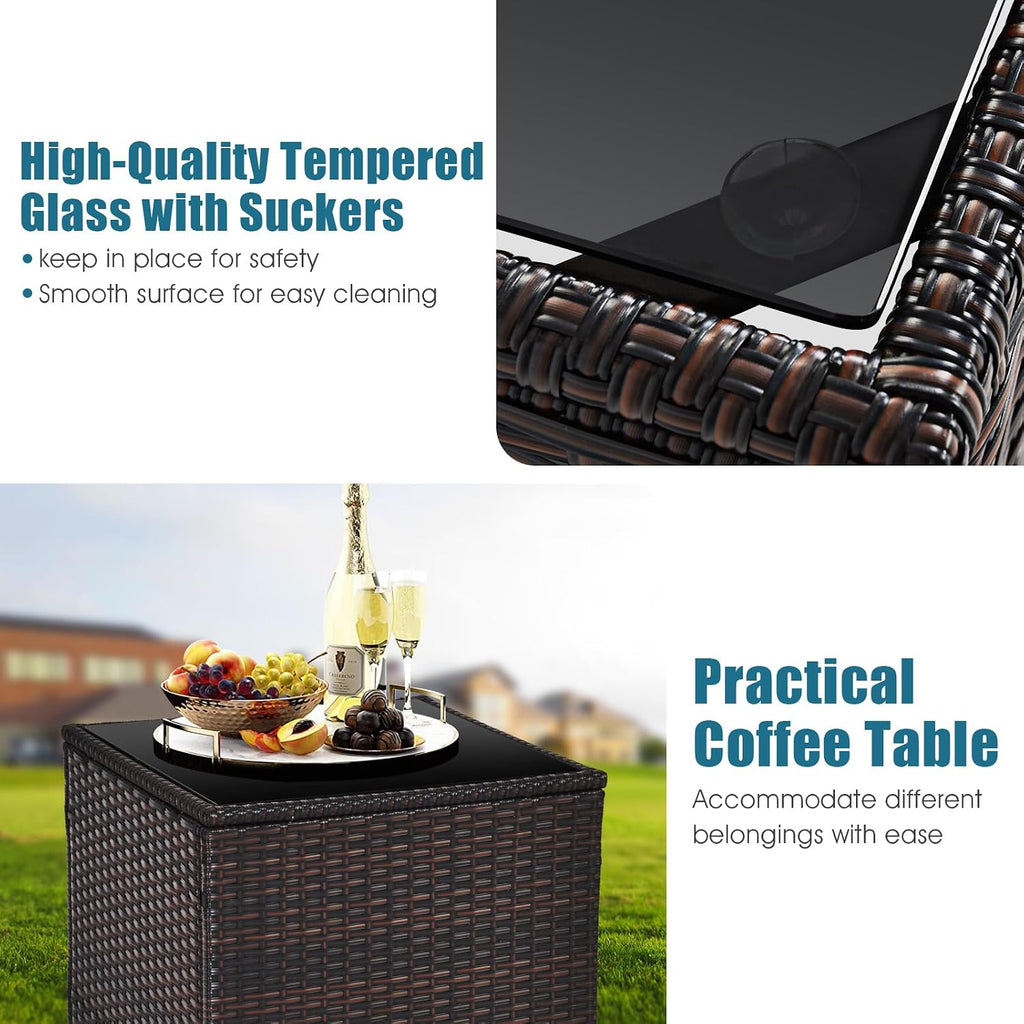 Tangkula 3 Pieces Patio Furniture Set, PE Rattan Wicker 3 Pcs Outdoor Sofa Set w/Washable Cushion and Tempered Glass Tabletop, Conversation Furniture for Garden Poolside Balcony (Prussian Blue)