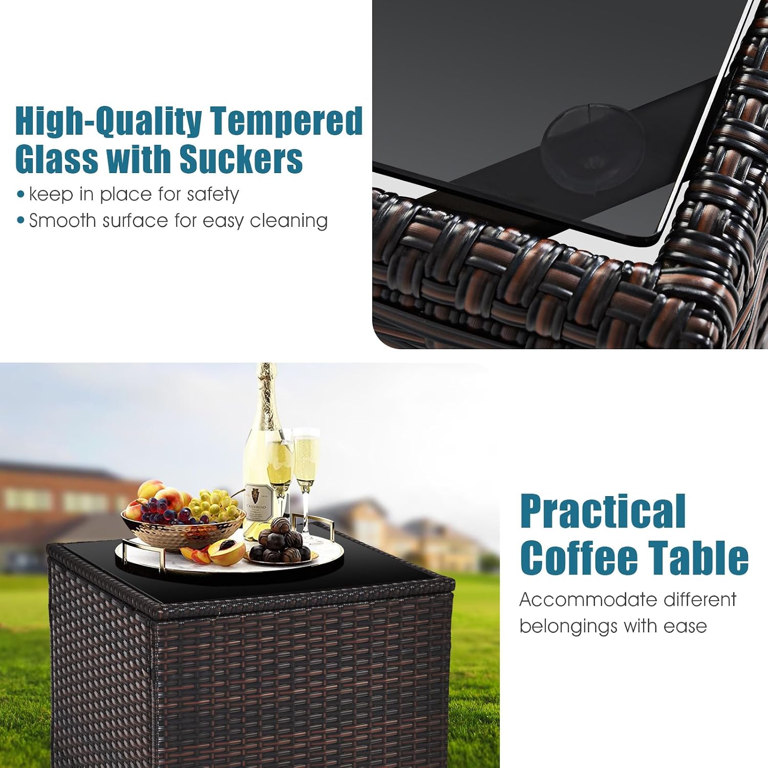 Tangkula 3 Pieces Patio Furniture Set, PE Rattan Wicker 3 Pcs Outdoor Sofa Set w/Washable Cushion and Tempered Glass Tabletop, Conversation Furniture for Garden Poolside Balcony (Prussian Blue)