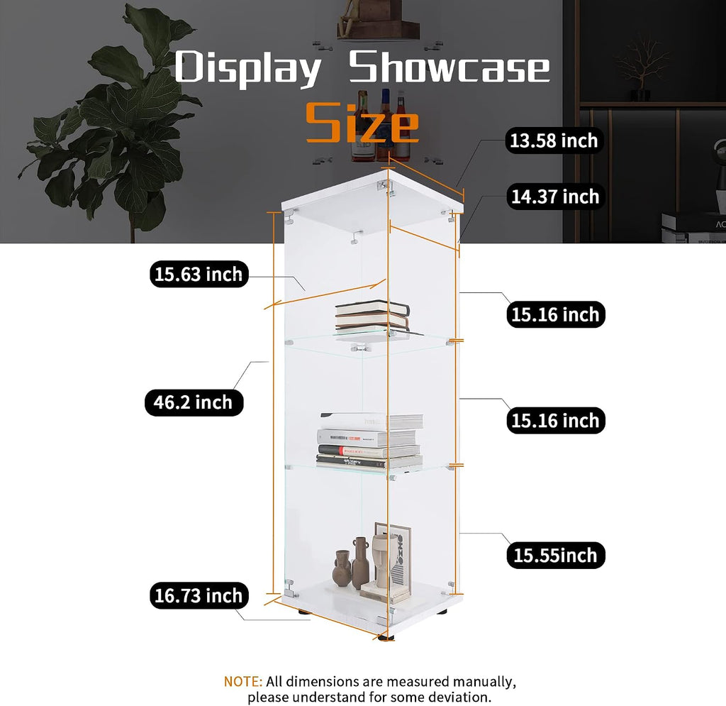 Beauty4U One-Door Glass Display Cabinet, White Curio Cabinets for Living Room, Bedroom, Office, Collection Display, Quick Installation in 30 Mins, 3 Shelves White Floor Standing Glass Bookshelf