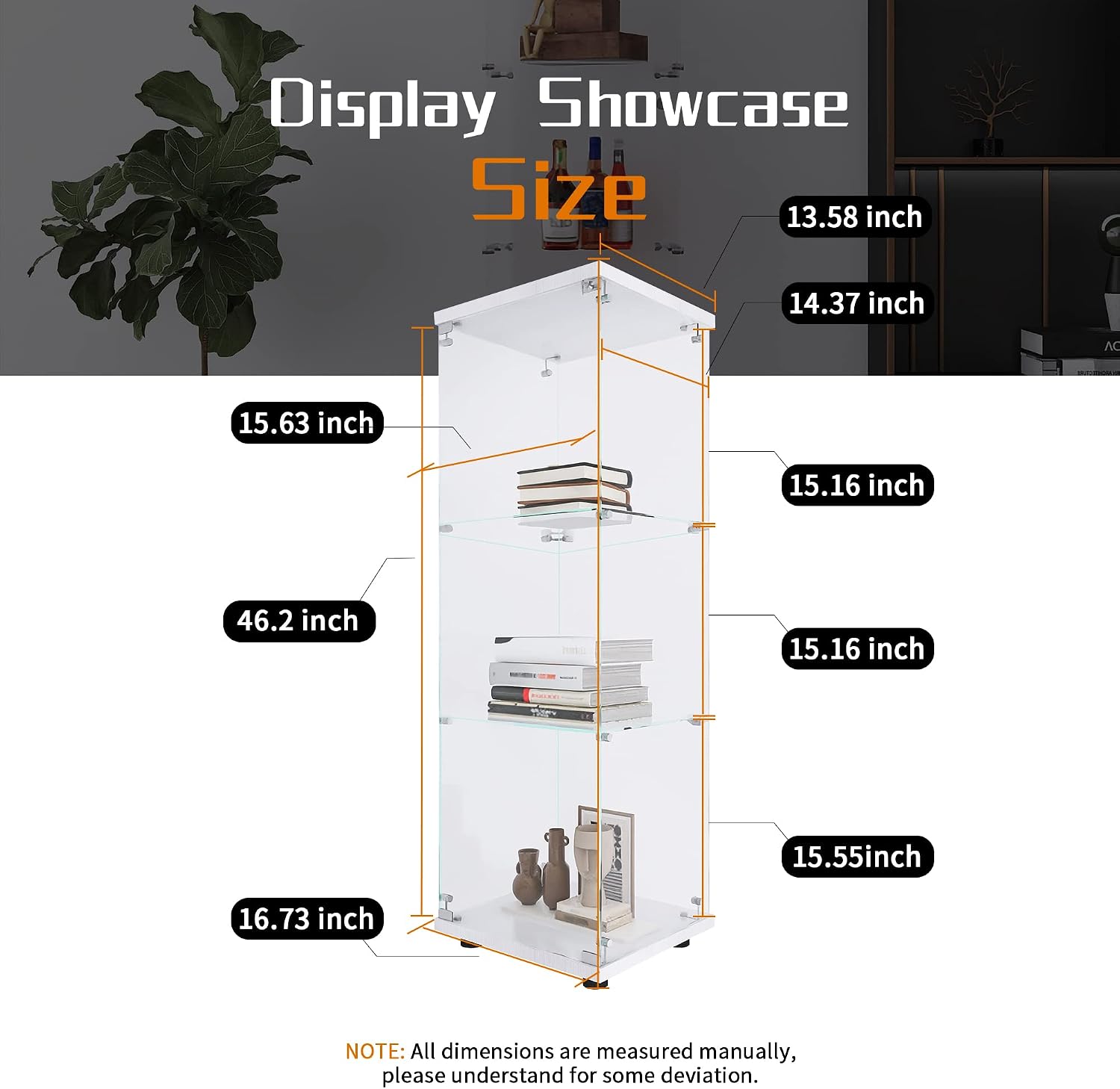 Beauty4U One-Door Glass Display Cabinet, White Curio Cabinets for Living Room, Bedroom, Office, Collection Display, Quick Installation in 30 Mins, 3 Shelves White Floor Standing Glass Bookshelf