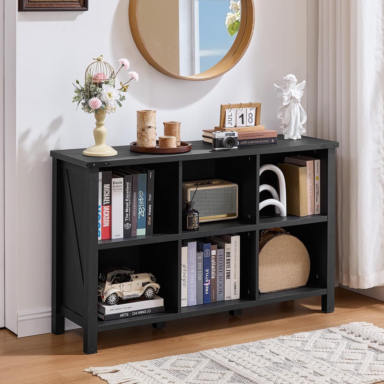 Joaxswe 6 Cube Bookcase, Farmhouse Wood Low Storage Organizer Book Shelf, Black 47' Horizontal Console Bookshelf with Legs, Hallway Book Case for Entryway, Display Cabinet for Living Room, Office
