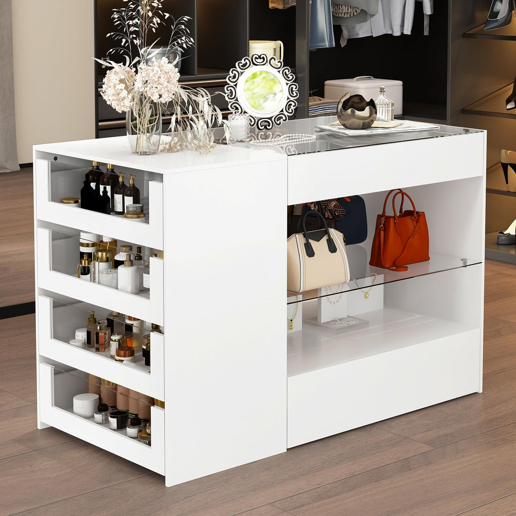 Glass Display Cabinet Closet Island, Glass Top Storage Cabinet for Retail, Collectibles Showcase with 8 Drawers, Walk in Display Island for Retail Shop, Cloakroom, White
