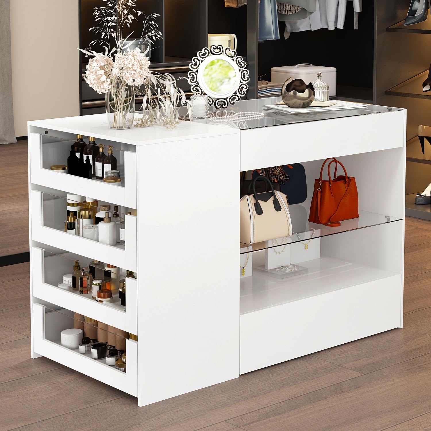 Glass Display Cabinet Closet Island, Glass Top Storage Cabinet for Retail, Collectibles Showcase with 8 Drawers, Walk in Display Island for Retail Shop, Cloakroom, White