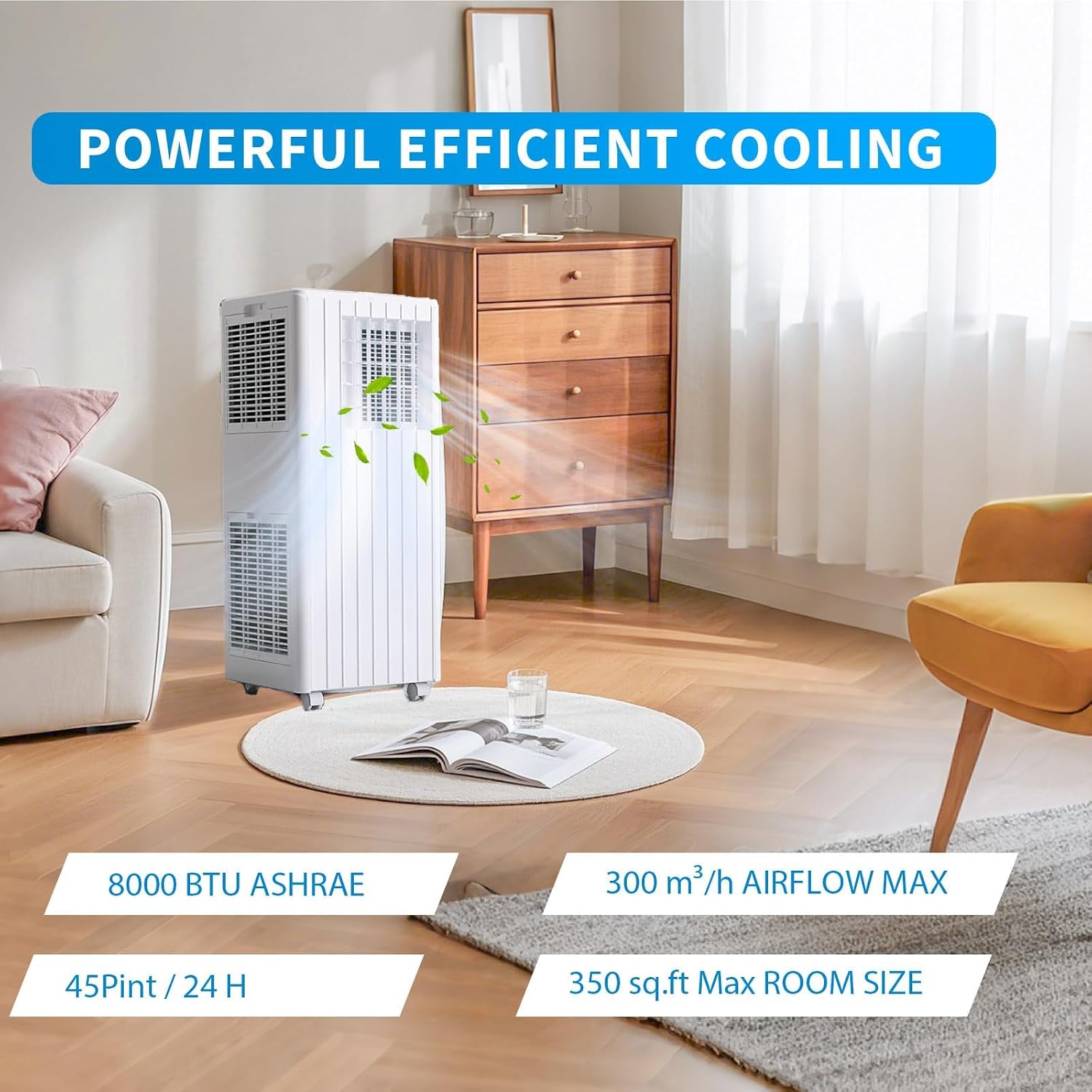 3 in-1 Portable Air Conditioner - 8,000 BTUs, Smart Remote Control, LED Display, Dehumidifier & Fan Modes, Ideal for Rooms up to 350 sq.ft