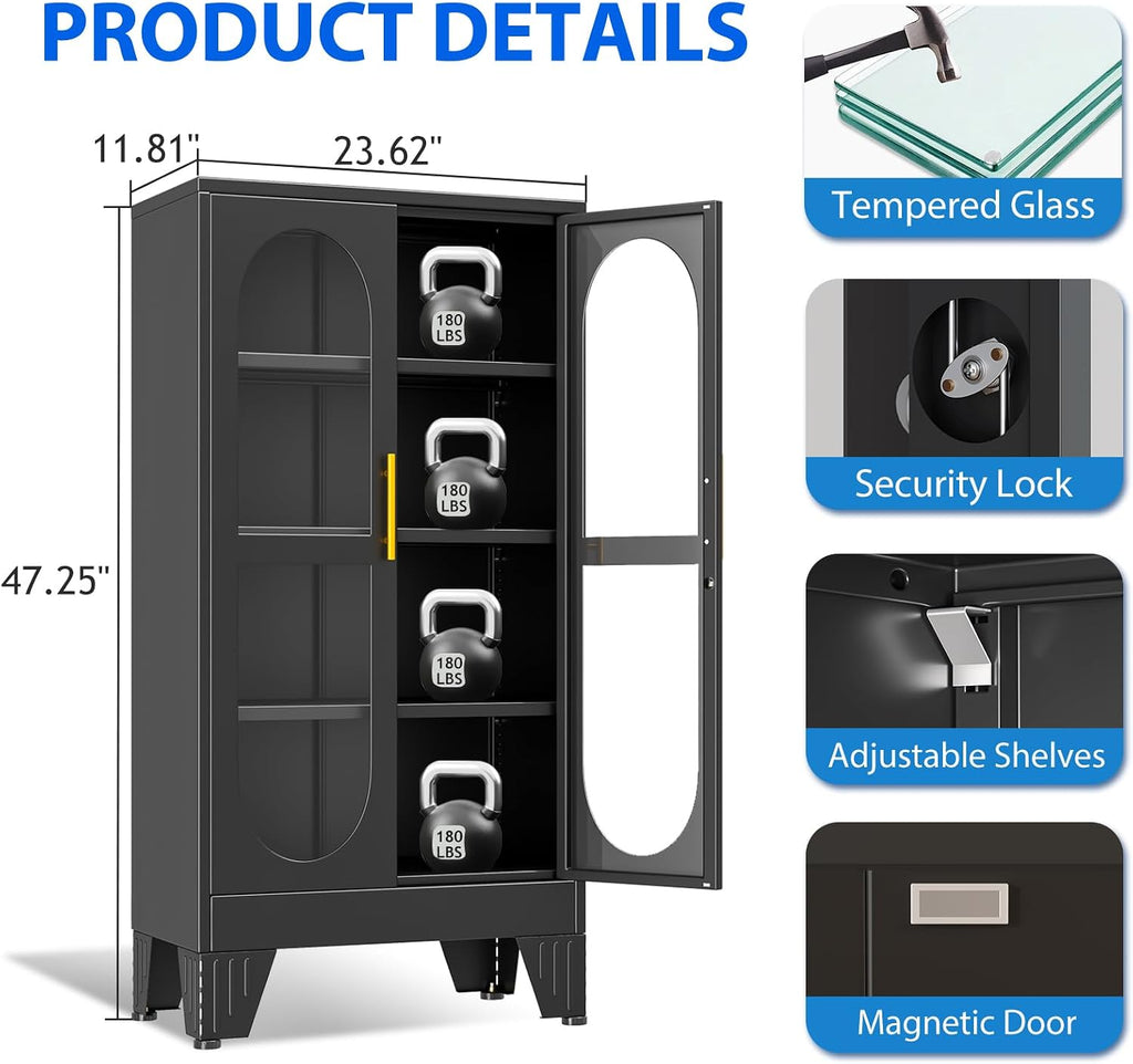 47.24' Glass Display Cabinet with Lock, Metal Locking Liquor Storage Cabinets and 3 Adjustable Shelves, 4 Tier Tall Curio Cabinet Display Case for Collectibles, Living Room, School, Commercial (Black)