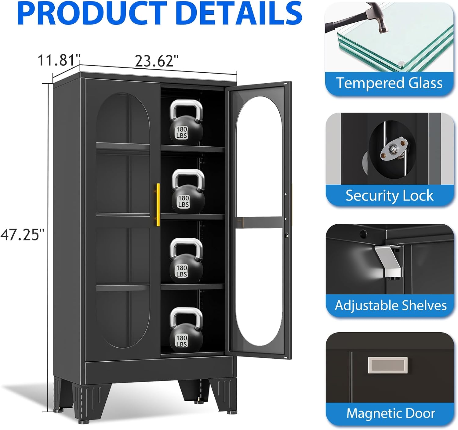 47.24' Glass Display Cabinet with Lock, Metal Locking Liquor Storage Cabinets and 3 Adjustable Shelves, 4 Tier Tall Curio Cabinet Display Case for Collectibles, Living Room, School, Commercial (Black)