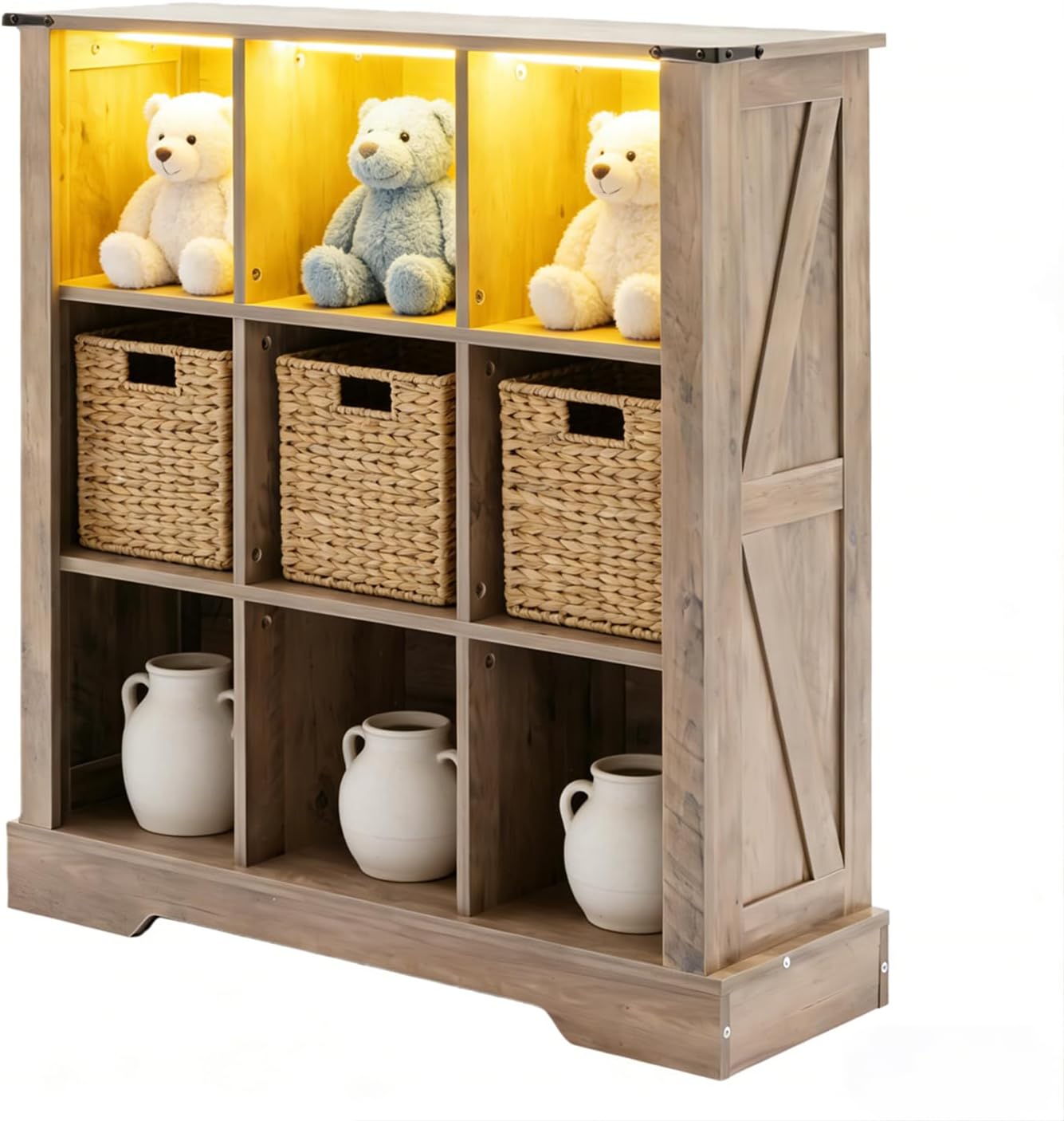 9 Cube Storage Organizer with LED Lights, Wooden Cube Bookcase with Back Panel, Grey Cube Shelf Freestanding Bookshelf, Hallway TV Stand for Living Room, Bedroom, Office