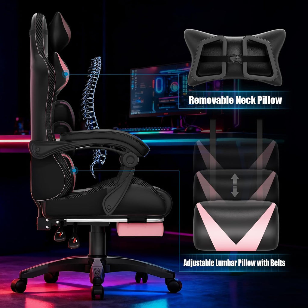 Czlolo Gaming Chair, Racing Style RGB LED Lights Gaming Chairs for Adults and Kids, Lumbar Massager Gamer Chair, High Back Reclining Computer Chair with Footrest and Headrest (Black/Pink)