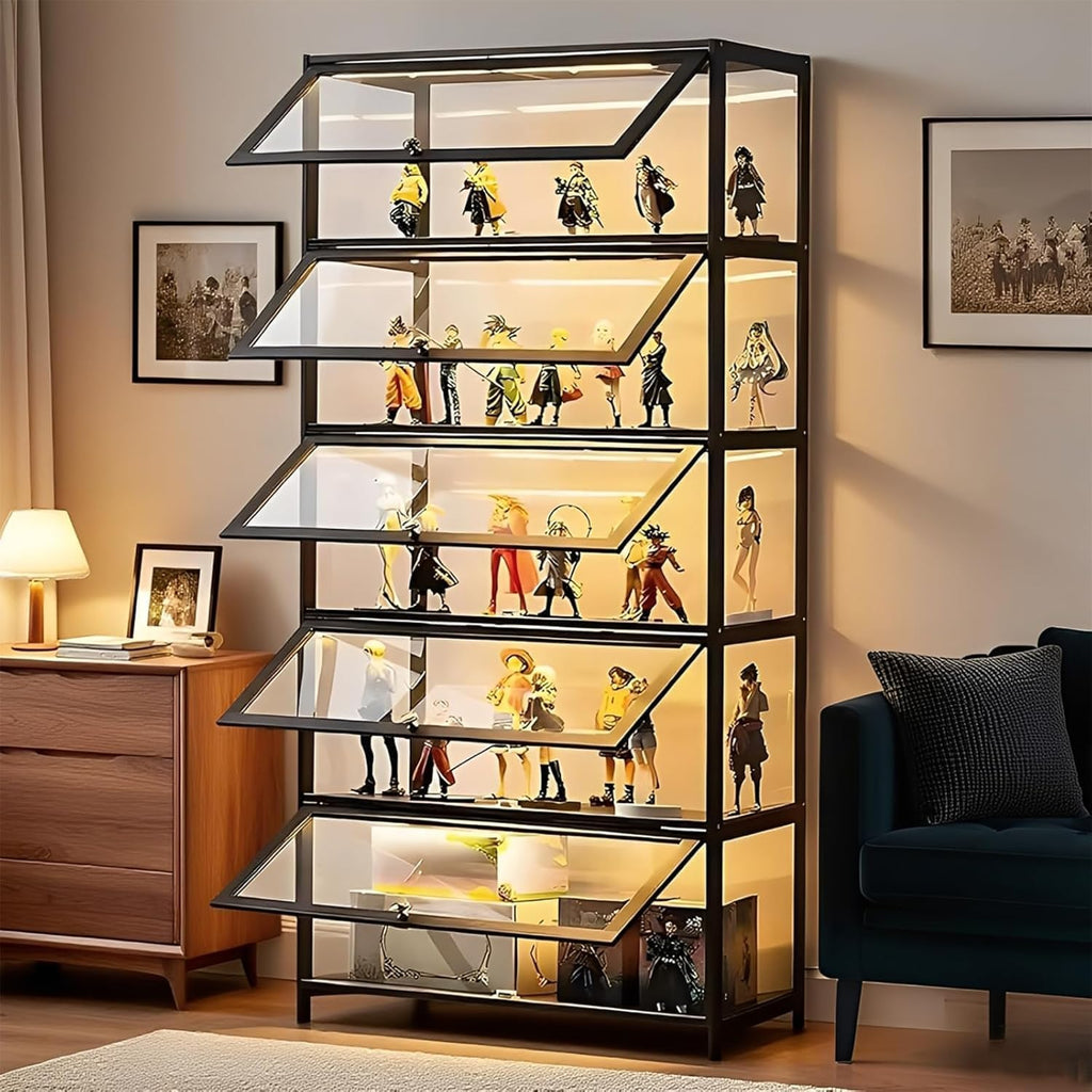 Display Cabinet with Acrylic Glass Door, 5 Tier Curio Display Case, Collectibles Toy Organizers Rack & Display Shelf, Kids Bookcase for Home, Playroom, Living Room, Bedroom, Reading Nook, Bamboo