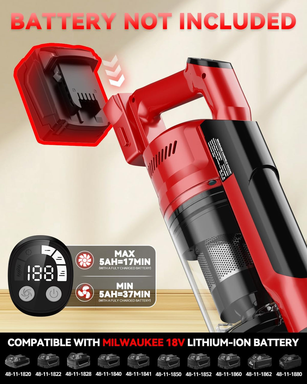 350W Cordless Vacuum Cleaner for Milwaukee Battery, 35kPa Brushless Lightweight Stick Vacuum with 3 Mode Suction, 6 in 1 Stick Vacuum Cleaner with HEPA for Floor, Carpet, Car (Battery Not Included)